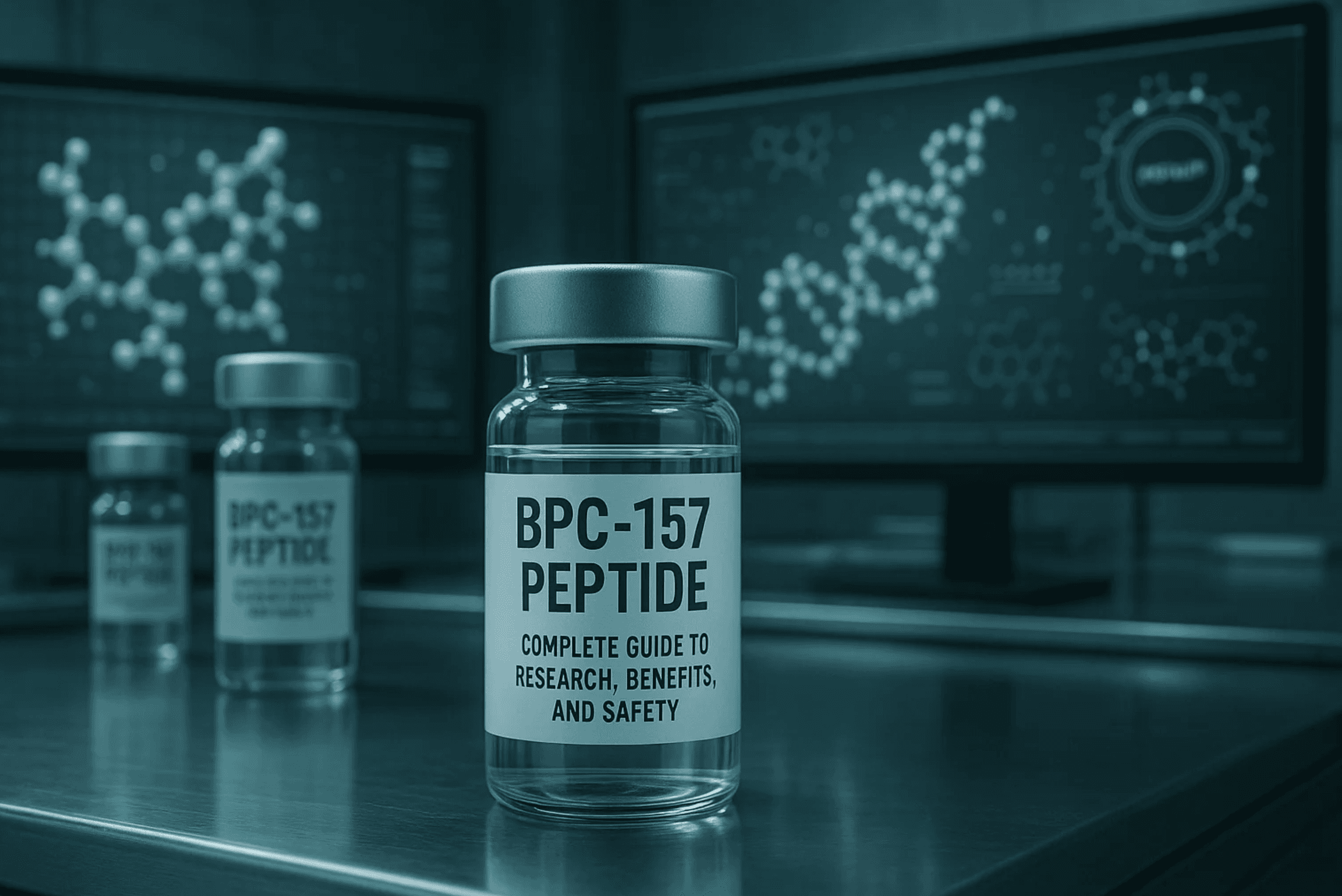 Glass vial labelled BPC-157 peptide in front of screens showing molecular structures